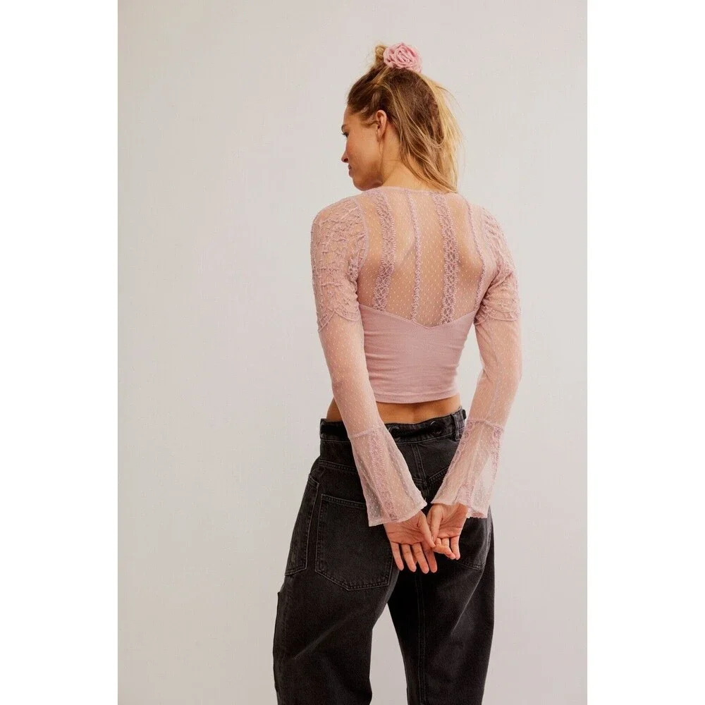 Intimatley Free People Who's That Girl Long-Sleeve Cropped Top Lace M New 280327